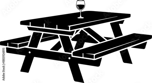 Picnic table attached benches with wine glass Vector Art