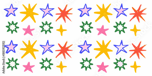 Colorful hand drawn stars and starbursts scattered on a plain white background