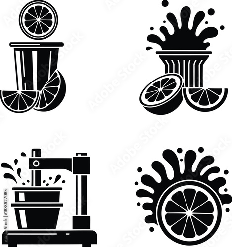 Collection of fresh citrus fruit juicer icons with manual press machine and splashing lemon slices vector illustration.
