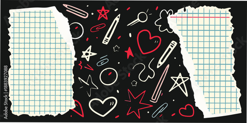 Doodle style composition with torn paper hearts stars and stationery