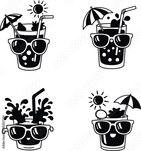 Funny cartoon summer cocktail characters wearing sunglasses with umbrella and fruit garnish vector illustration.