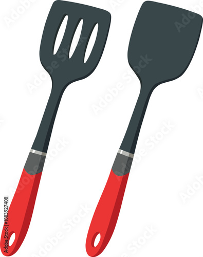Kitchen utensils for cooking and serving food.Two kitchen spatulas with silver handles on white background