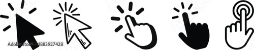 Click cursor icon collection. Set of computer mouse symbol. Arrow, hand, hourglass, mouse, zoom click icons. Computer mouse click cursor arrow and loading icons. Mouse click cursor symbol