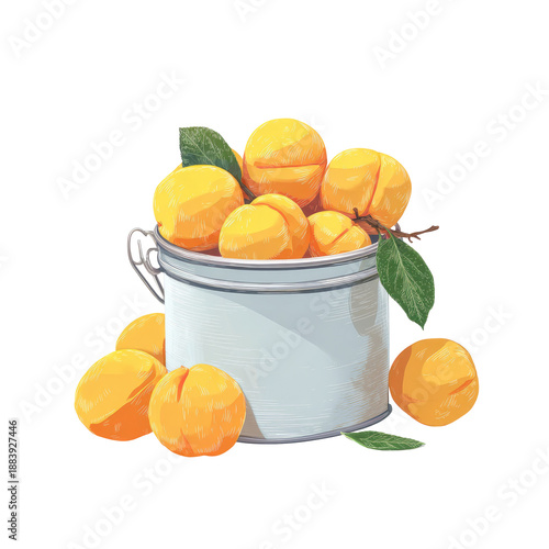 Illustration of a silver metal container brimming with ripe, juicy, vibrant apricots, some fallen