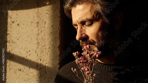 A pensive middle-aged man with a beard smelling dried flowers. Close-up portrait in dramatic sunlight with strong shadows. Nostalgia, memory, and sensitivity concept