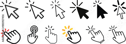 Click cursor icon collection. Set of computer mouse symbol. Arrow, hand, hourglass, mouse, zoom click icons. Computer mouse click cursor arrow and loading icons. Mouse click cursor symbol
