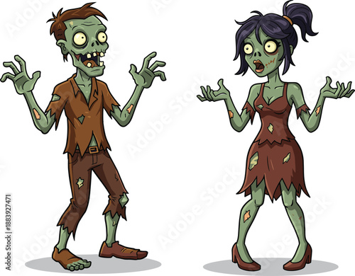 Cartoon zombie couple, green skin, funny undead characters, Halloween illustration, horror theme, tattered clothes, spooky pose, vector art, scary expression, stock image