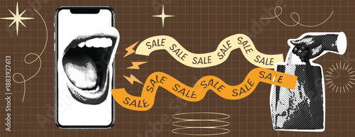 Retro Vintage Pop Art Halftone Texture style Online Sale social media cover, banner, website header with Halftone smartphone screaming mouth and shopping bag , paper cutouts, Pop Art Halftone Collage,