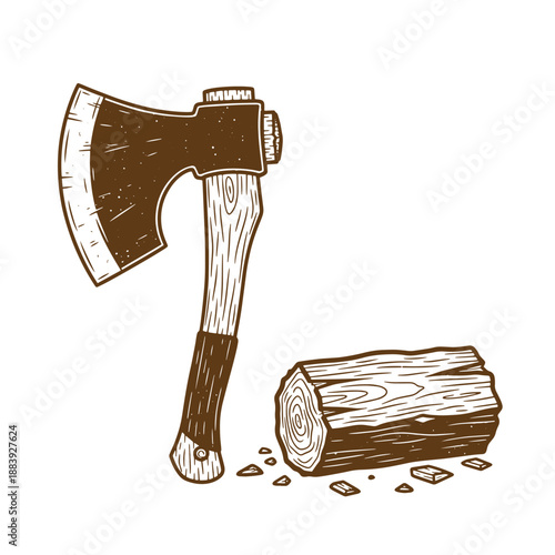 Drawing Vintage grunge  texture illustration of an axe and a log of wood on white background