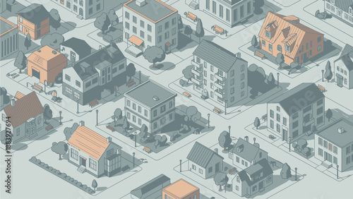 Isometric grayscale city illustration showing dense urban buildings and streets arranged in a compact metropolitan layout. This modern cityscape represents urban density, infrastructure planning, and 