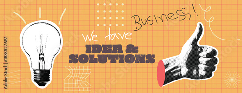 vintage retro pop art comic business marketing social media cover banner ,web banner, header with halftone dotted thumb hand finger sign and light bulb, paper cutouts, sticker vector illustration