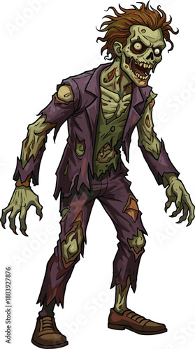 Cartoon zombie illustration, horror character, Halloween undead, creepy monster, green skin, scary suit, fantasy art, spooky design, stock image