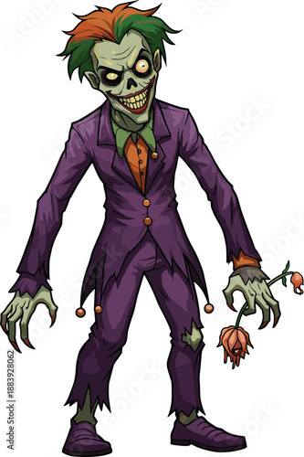 Cartoon zombie, creepy clown, Halloween character, horror illustration, wilted rose, scary smile, purple suit, spooky art, undead monster, eerie design