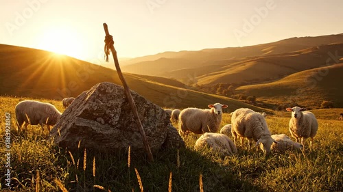 Flock of sheep grazing on a farm with rolling hills at sunset. Pastoral countryside landscape with a shepherd's staff. Agriculture and nature concept