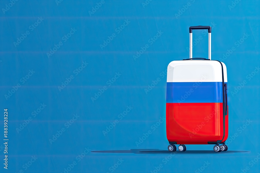 Obraz premium A suitcase with the Russian flag's colors stands against a gradient blue background