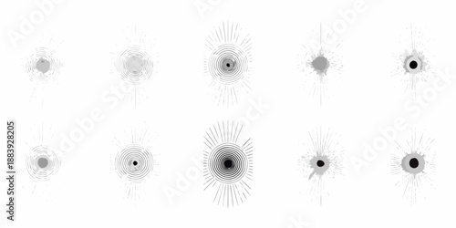 Bullet holes and impact patterns displayed in a grayscale arrangement