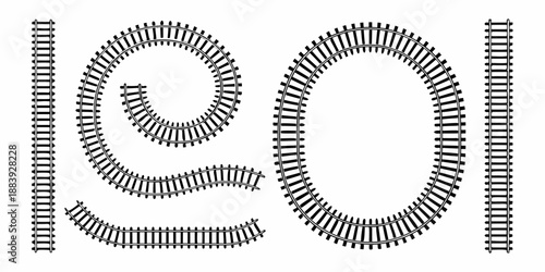 Detailed illustration of curved and straight railway tracks in a monochrome style