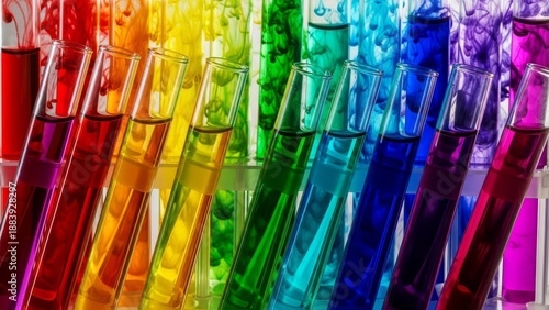 Rows of glass test tubes filled with colorful liquid dyes in a lab setting
