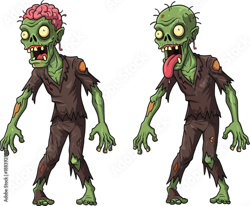 Cartoon zombies, green skin, funny horror, Halloween characters, exposed brain, long tongue, spooky undead, creepy monsters, tattered clothes, bulging eyes