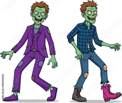 Cartoon zombies, green skin, Halloween characters, undead illustration, spooky costume, funny monsters, horror theme, tattered clothes, digital art, scary grin