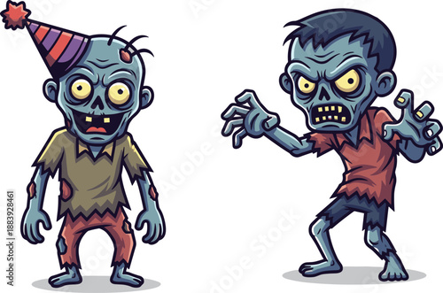 Cartoon zombies, Halloween illustration, scary undead characters, party hat zombie, aggressive pose, horror theme, funny monsters, spooky costume, vector art