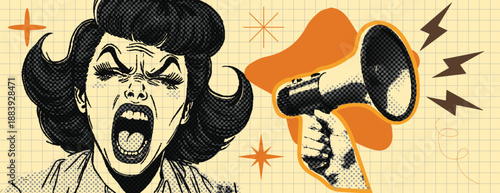 
retro cartoon Pop Art Halftone Screaming anger Woman and megaphone with comic style, vintage comic style frustration woman shouting vector illustration with halftone retro vintage style elements 