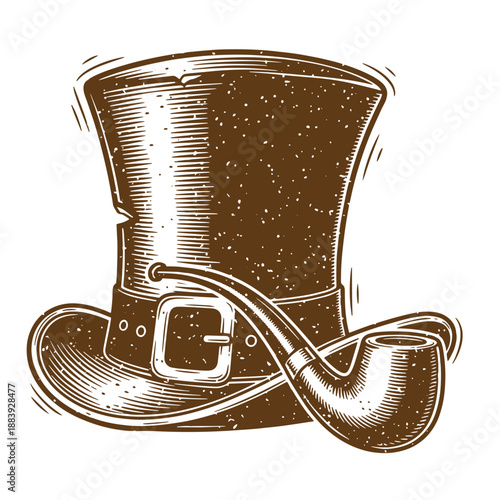 Drawing Vintage grunge  texture Vintage top hat with leather belt and smoking pipe on white background