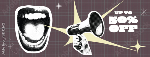 
Retro Sale discount promotion Announcement with retro vintage comic style pop art
Megaphone and Open screaming Mouth paper cutouts collage for retail event promotion social media cover, banner