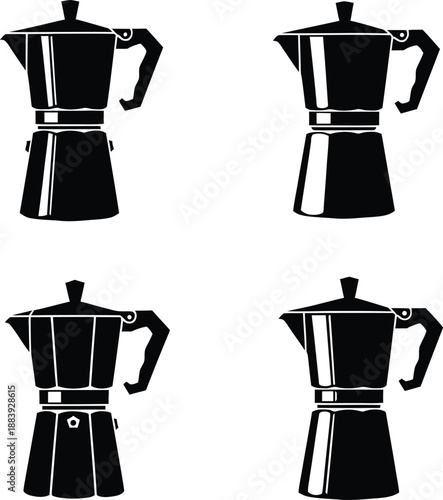 Set of classic italian moka pot coffee maker icons with stovetop espresso machine designs vector illustration.