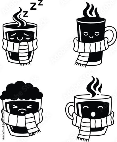 Cute cartoon coffee cup characters wearing warm winter scarves with funny facial expressions vector illustration.
