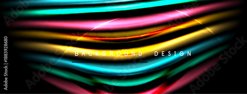 Abstract colorful lines over black background. Dynamic waves create modern visual effect. Bright gradients, smooth curves, elegant design.