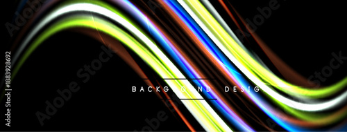 Abstract colorful lines create dynamic wave pattern. Black background emphasizes vibrant hues, modern design element.