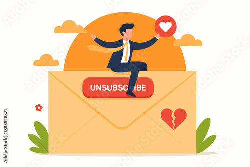 A cartoon man sitting on an envelope with an unsubscribe button
