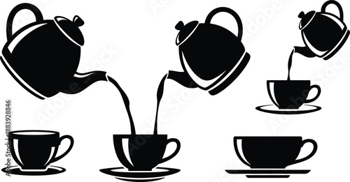Black and white silhouette vector illustration set of a teapot pouring hot tea into a cup on a saucer for cafe menu.
