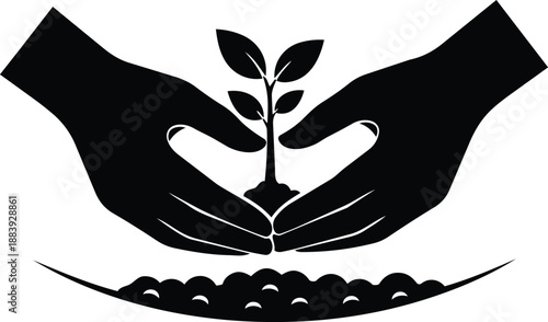 Hands holding a small plant growing in soil, symbolizing care and nurturing in a simple black and white design