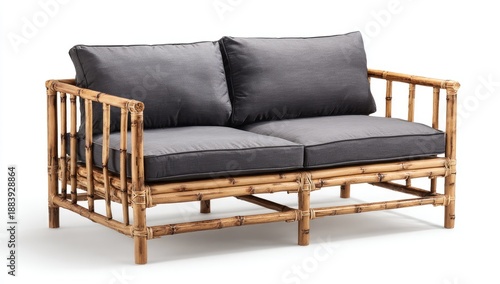Bamboo loveseat with two gray cushions, set against a bright, white backdrop