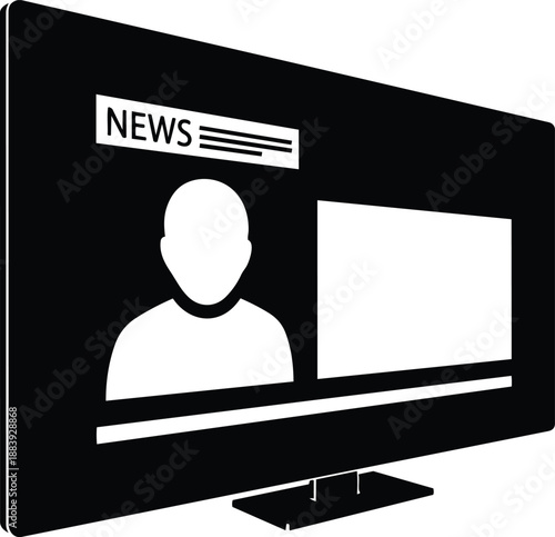 Black and white news TV screen with silhouette of person
