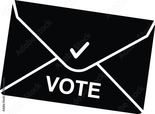 Black envelope with VOTE and checkmark icon for election or voting concept