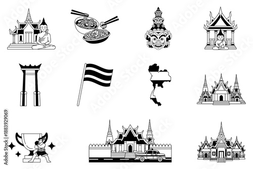 black and white set of icon items related to Thailand