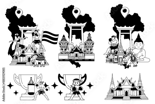 black and white Illustrations of a set of icon items related to Thailand