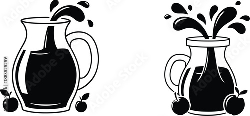 Vector illustration of two glass jugs with splashing fruit juice and apple symbols in black and white style.