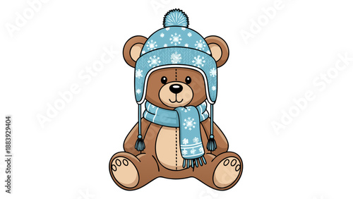 Cute Winter Bear Wearing a Scarf and Hat Vector Illustration for Christmas and Holiday Season