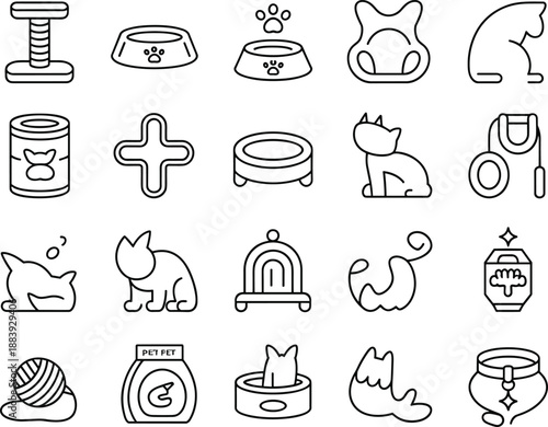 Cat Line Icons Set, Pet Accessories, Food, Toys, Bed, Bowl, Grooming, Care, Veterinary, Cute Outline Vector Illustration