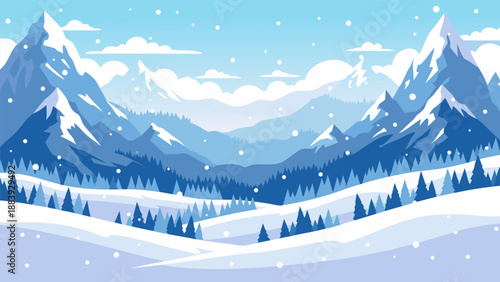 Winter mountain landscape with falling snow, a charming vector illustration depicting a serene snowy scene with majestic peaks and evergreen trees