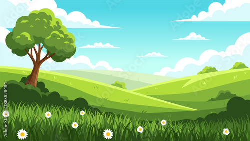 Vibrant green rolling hills with a single tree and daisies, a beautiful nature landscape vector illustration