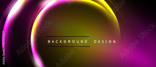 Abstract neon lights create dynamic circular layers. Gradient colors blend from purple to gold, over black backdrop. Modern design element.