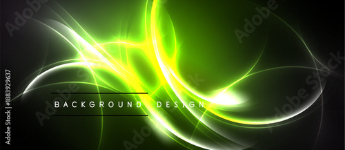 Bright green neon lines curve, swirl over dark background. Abstract design evokes energy, motion, futuristic feel.