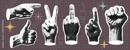 
Vintage Halftone dots Hands signs sticker pack with Retro pop art halftone effect Hand Gestures style, ideal for social media posts, websites, and apparel, retro and digital designs Collection 