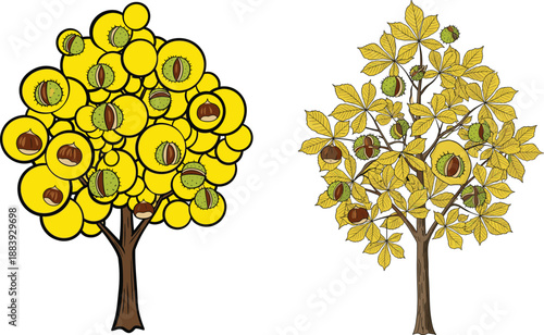 Chestnut tree illustration, autumn yellow foliage, cartoon style chestnut tree, realistic chestnut tree, spiky husk chestnuts, seasonal nature design, botanical artwork