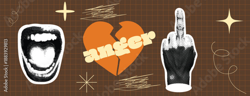 retro vintage pop art style halftone dotted  screaming mouth, shouting and middle finger hand sign in black and white color for anger emotion with a comic book style vector illustration